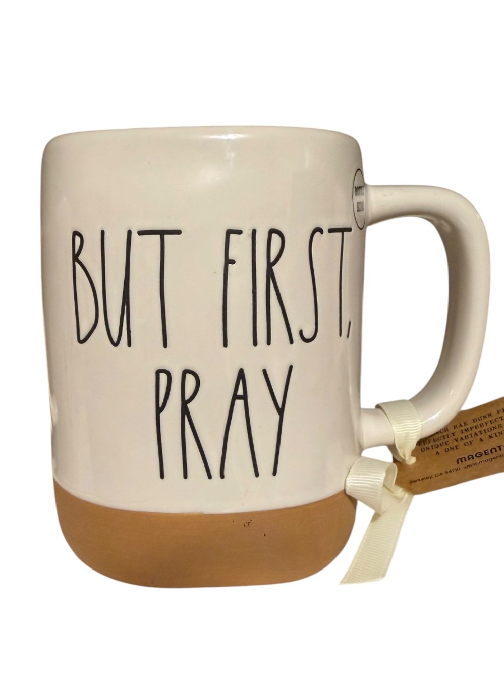 Rae Dunn Cream Ceramic Mug “But First Pray” Tan Cross Accent Other Side NWT